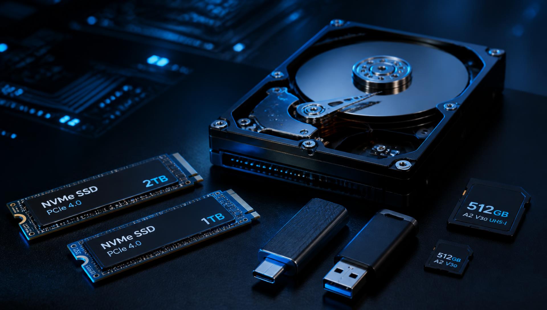 NVMe and SATA solid state drives, a hard disk drive, USB flash drives and microSD memory cards distributed by NexData
