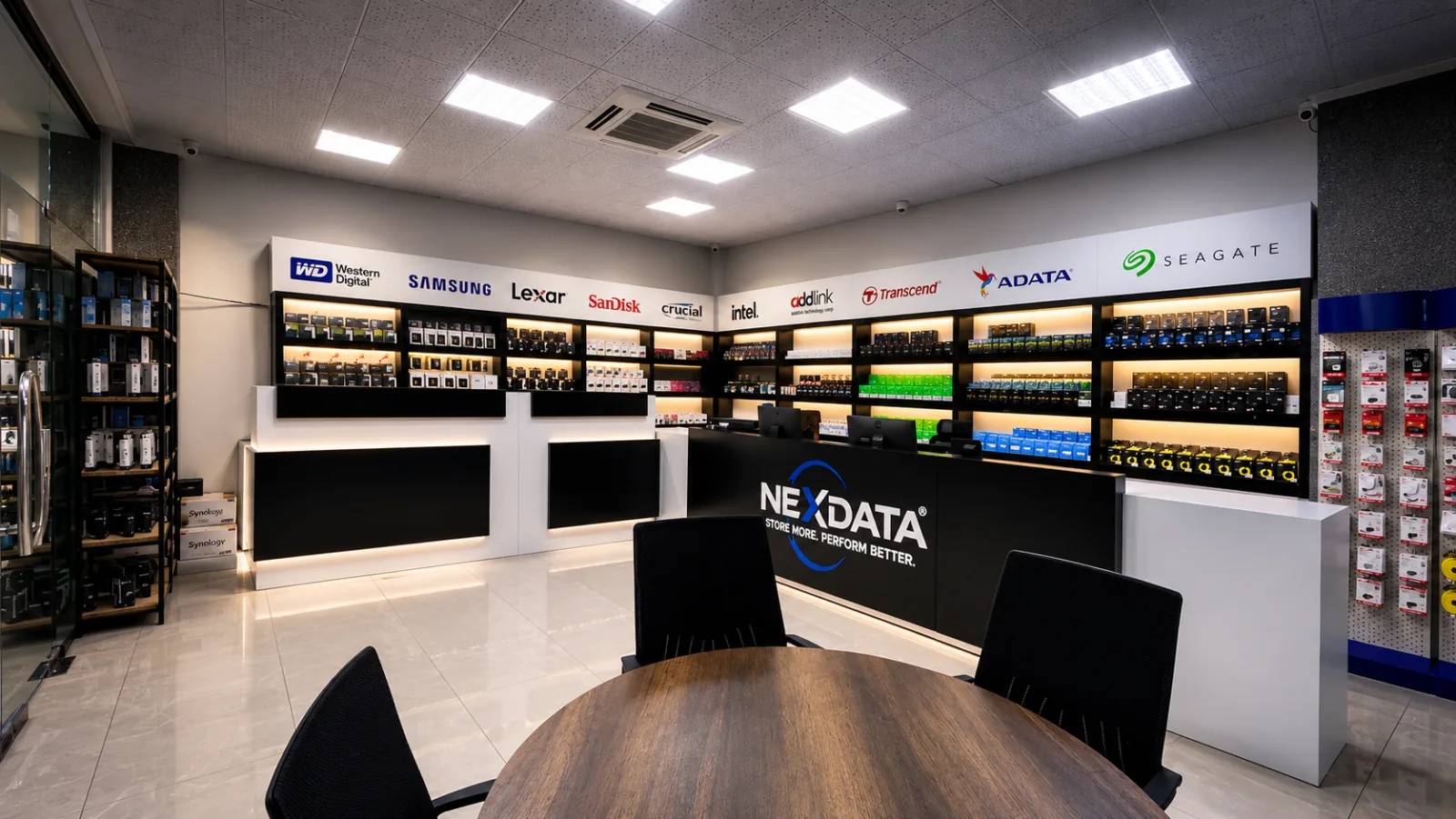 NexData showroom interior storage hardware displays